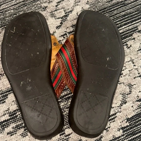 Gucci Brown Leather Sandals with Green and Red Stripes - Picture 7 of 7
